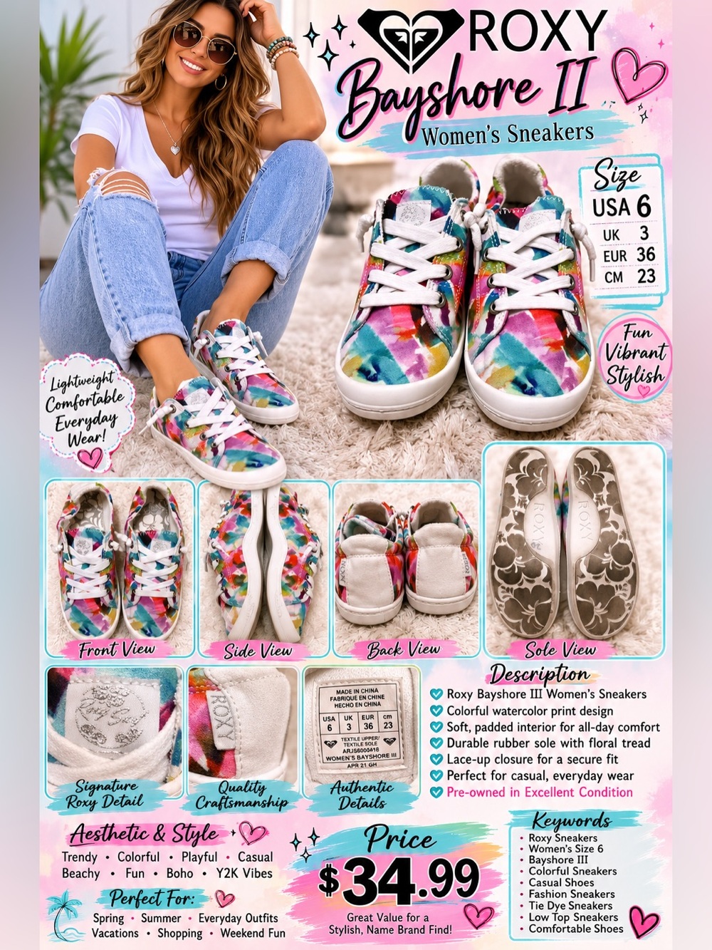 Roxy Multicolor Watercolor Canvas Sneakers with White Laces